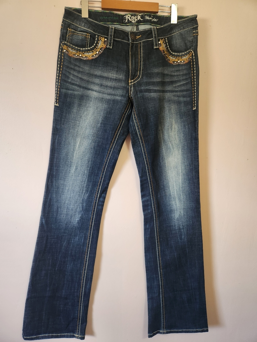 Wrangler Rock 47 Ultra Low Rise Bootcut Jeans 30x36 Bling Western Tall EUC